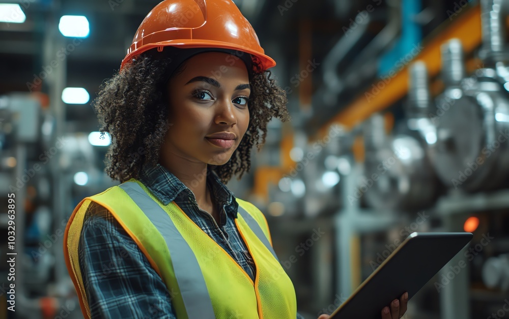 Poster confident female factory worker in highvisibility vest and hard hat, using a tablet to analyze realt