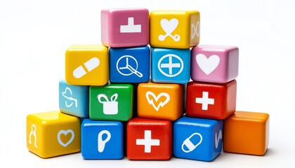 Colorful medical blocks stacked in a pyramid, symbolizing building a foundation of health, with each block representing a different health category