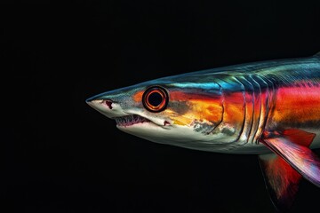Fototapeta premium Mystic portrait of Mako Shark, copy space on right side, Close-up View, isolated on black background