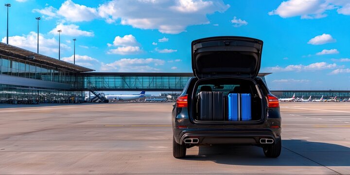 car parked in front of airport gate, luggage and suitcases in trunk, trunk open