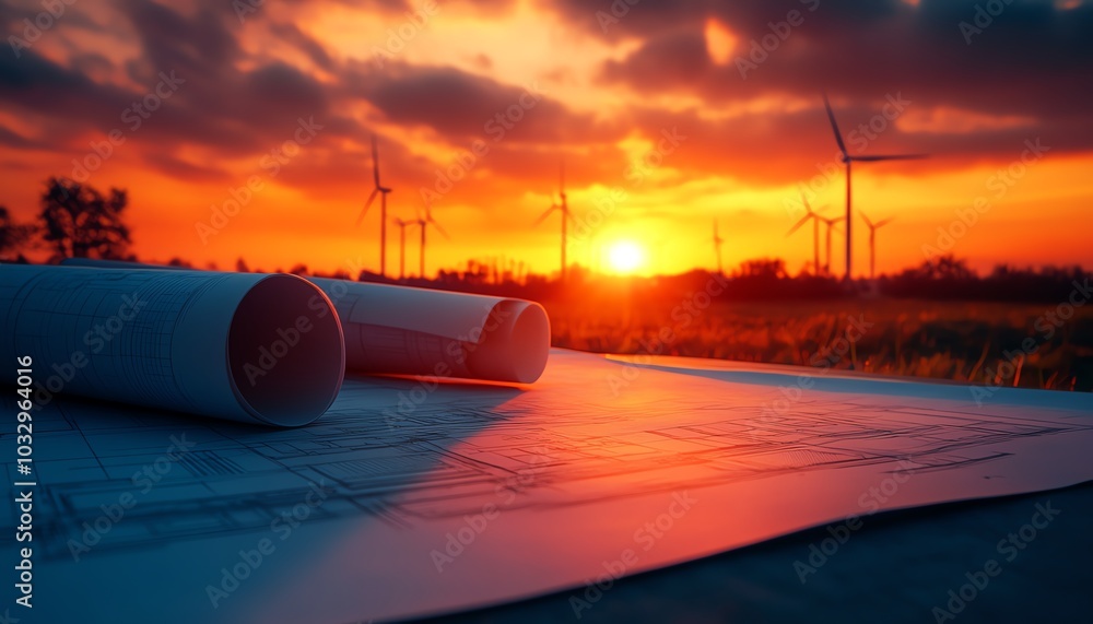 Poster Creative blueprint planning session for wind energy projects, with technical drawings and wind turbines visible in the background against a vibrant sunset