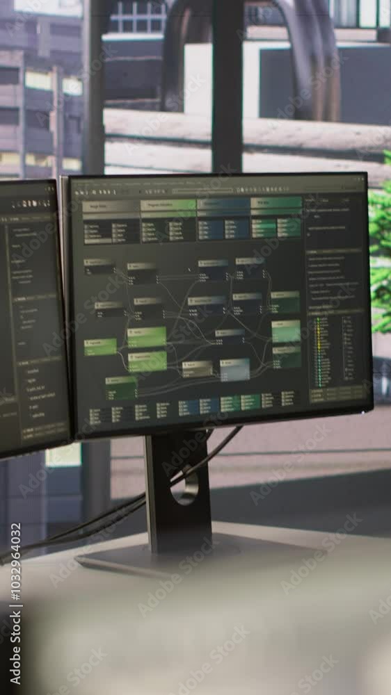 Poster vertical video empty it department office used for building ai neural networks software technology. 