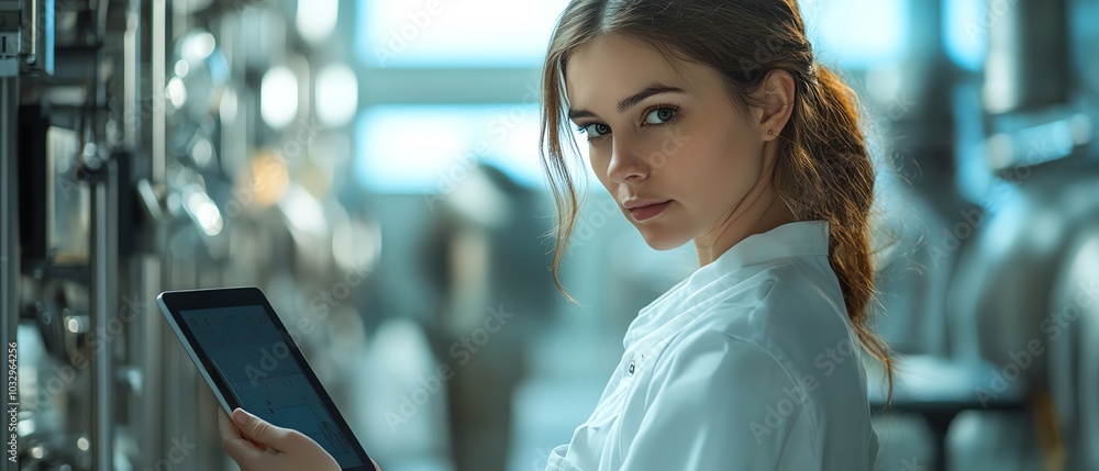 Poster female worker in a hightech industrial plant, holding a tablet while checking automated systems and 
