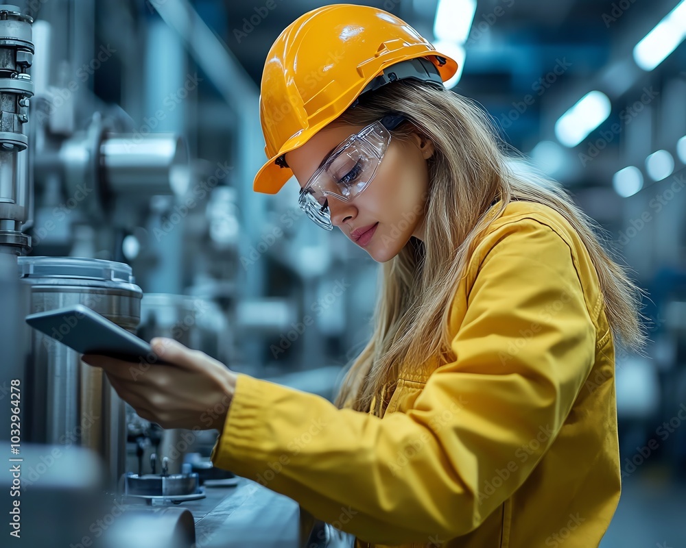 Poster focused female industrial worker in a modern manufacturing facility, using a tablet to check machine