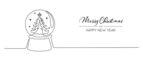 One continuous line drawing of Christmas crystal snow globe with xmas tree. Magic glass ball for winter xmas holiday concept in simple linear style. Editable stroke. Doodle vector illustration