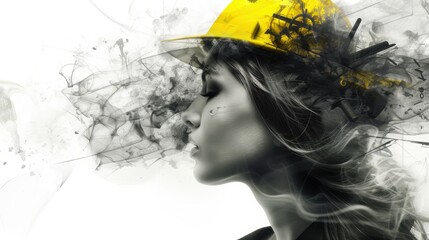 Fototapeta premium Woman with Yellow Hard Hat and Creative Smoke Effects