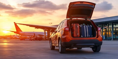 car parked in front of airport gate, luggage and suitcases in trunk, trunk open