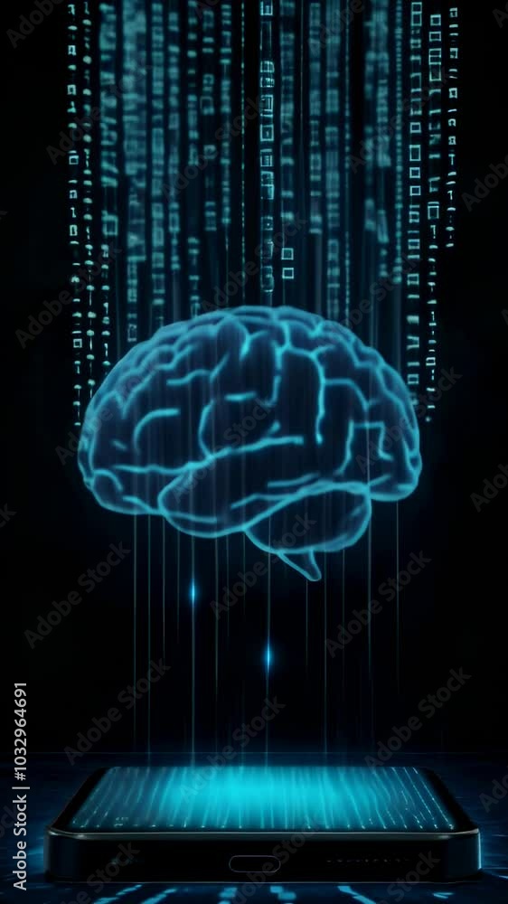 Poster Blue digital brain receiving data from mobile phone, symbolizing concepts such as artificial intelligence and machine learning