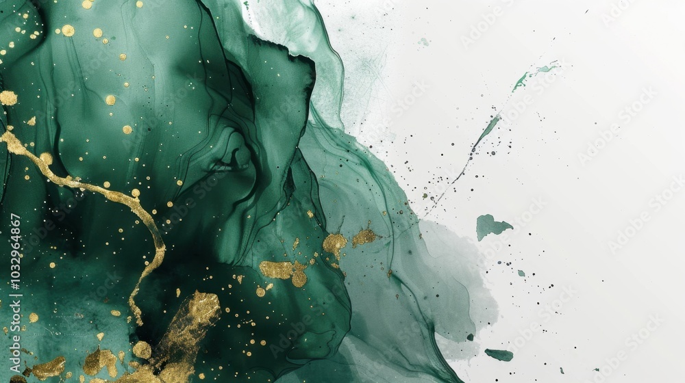 Wall mural Abstract Fluid Art with Green and Gold Accents