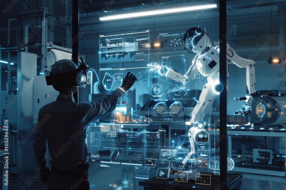Poster engineer smart factory automated machine ar augmented reality technology futuristic industry technol