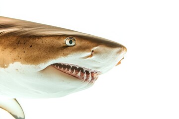 Naklejka premium Mystic portrait of Sand Tiger Shark in studio, copy space on right side, Close-up View, isolated on white background