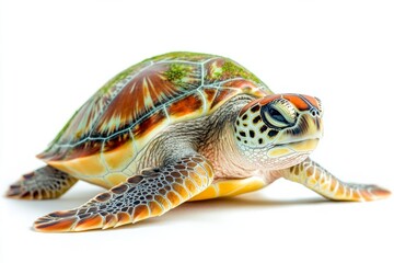 Mystic portrait of Sea Turtles in studio, copy space on right side, Close-up View, isolated on white background
