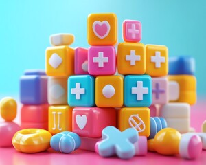 3D stacked medical blocks symbolizing key components of healthcare, featuring vibrant colors and futuristic icons for various medical fields