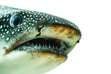 Mystic portrait of Whale Shark in studio, copy space on right side, Close-up View, isolated on white background