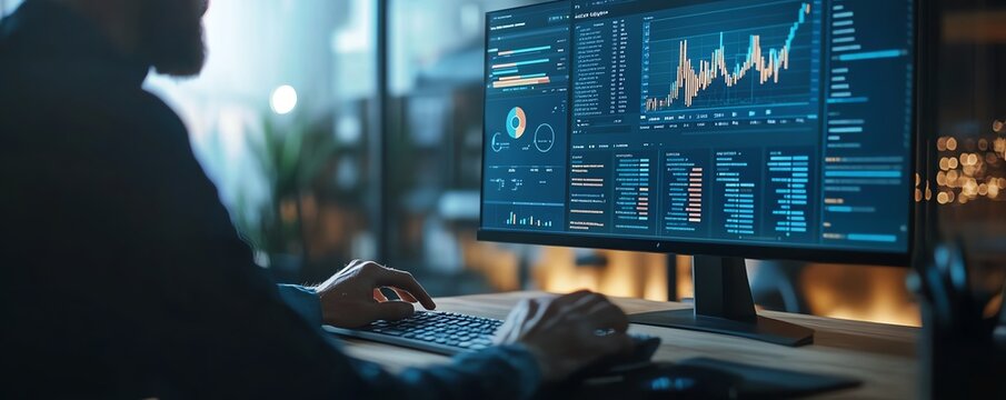 Closeup of a marketers hands working on a computer, optimizing a Google My Business listing with charts and local search analytics visible on the screen