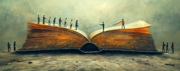 Creative image of people interacting with a giant pencil and an open book, symbolizing the connection between education, literature, and personal development