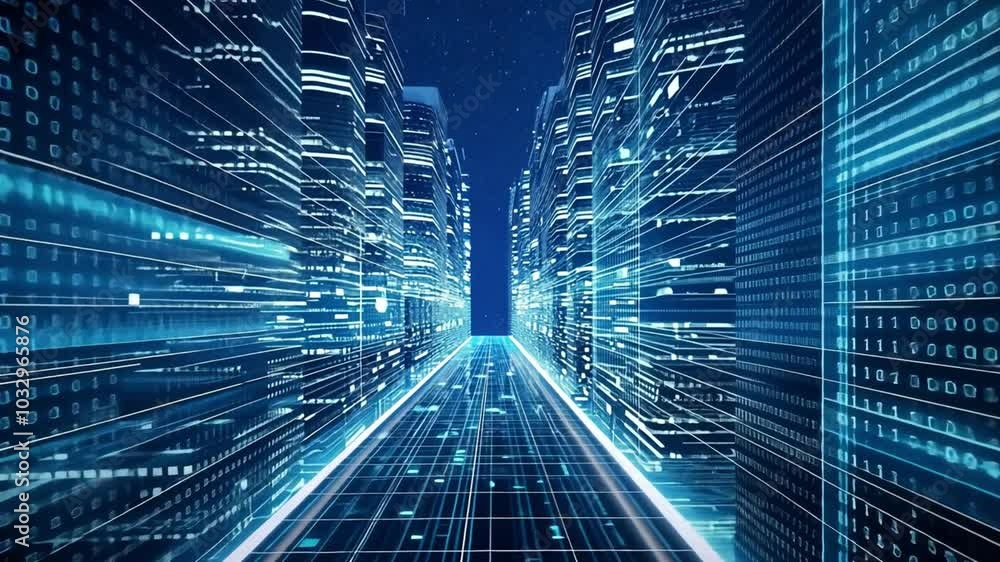 Poster Bright blue lights pulse through a digital corridor of a data center, symbolizing the rapid exchange of information in a futuristic technological landscape.