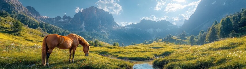 Fototapeta premium A Serene Scene of a Horse Grazing in a Lush Green Meadow Under a Bright Blue Sky