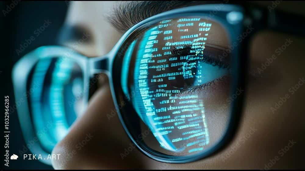 Poster Programmer works late, coding with passion and focus, their glasses reflecting lines of code as the digital world comes to life