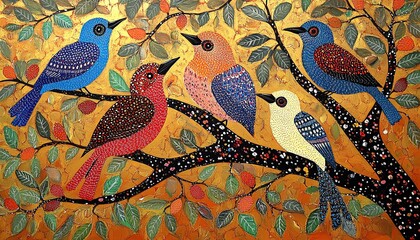 Obraz premium Vibrant traditional Gond folk art from India, depicting colorful birds perched on a tree, surrounded by intricate patterns and a textured background full of earthy tones