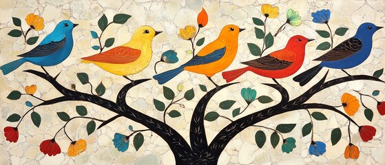 Naklejka premium Vividly colored Gond folk art capturing the beauty of birds in a tree, with elaborate designs and a textured background that evokes the essence of Indian culture