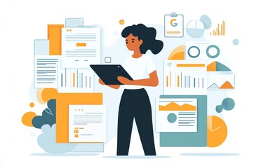 A digital marketing professional analyzing Google My Business insights on a tablet, surrounded by local business materials and SEO strategy documents
