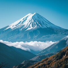 Fototapeta premium Generative AI of Mount Fuji for travel promotions, emphasizing the serene and majestic landscape of Japan. Ideal for showcasing nature tourism or adventure experiences in the region.