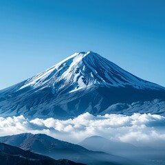 Generative AI of Mount Fuji for travel promotions, emphasizing the serene and majestic landscape of Japan. Ideal for showcasing nature tourism or adventure experiences in the region.
