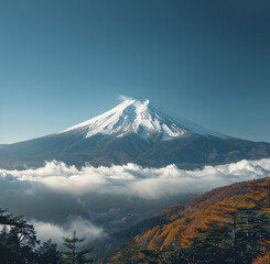 Fototapeta premium Generative AI of Mount Fuji for travel promotions, emphasizing the serene and majestic landscape of Japan. Ideal for showcasing nature tourism or adventure experiences in the region.