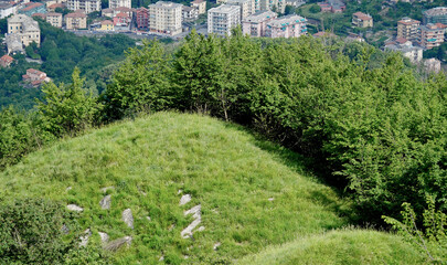 A green area with rounded soil with urban buildings in the background