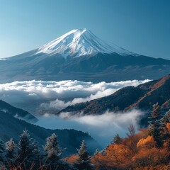 Generative AI of Mount Fuji for travel promotions, emphasizing the serene and majestic landscape of Japan. Ideal for showcasing nature tourism or adventure experiences in the region.