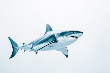 Obraz premium the beside view Great White Shark, left side view, white copy space on right, Isolated on White Background