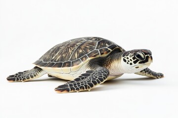 Obraz premium the beside view Flatback Sea Turtle, left side view, white copy space on right, Isolated on White Background