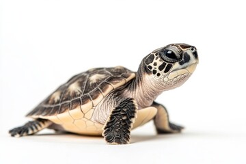 Fototapeta premium the beside view Hawksbill Sea Turtle, left side view, white copy space on right, Isolated on White Background