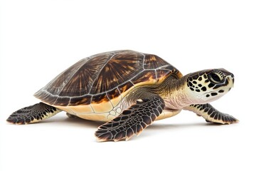 Obraz premium the beside view Hawksbill Sea Turtle, left side view, white copy space on right, Isolated on White Background