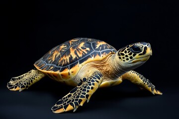 Fototapeta premium the beside view Hawksbill Sea Turtle, left side view, white copy space on right, Isolated on dark Background