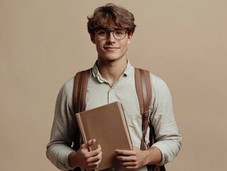 Educated Student with Book and Laptop, Posing for Professional Portrait