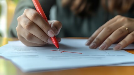 Close-up of a hand writing a red marker error on a document.