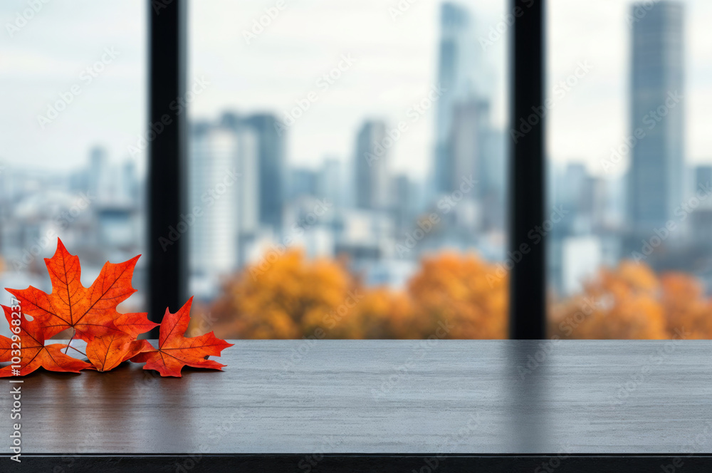 Aufkleber empty table displaying autumn leaves with city view