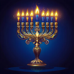 A beautifully designed menorah with lit candles, symbolizing the Jewish festival of Hanukkah.