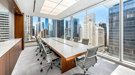 Fototapeta premium Modern conference room with a large table and city skyline view.