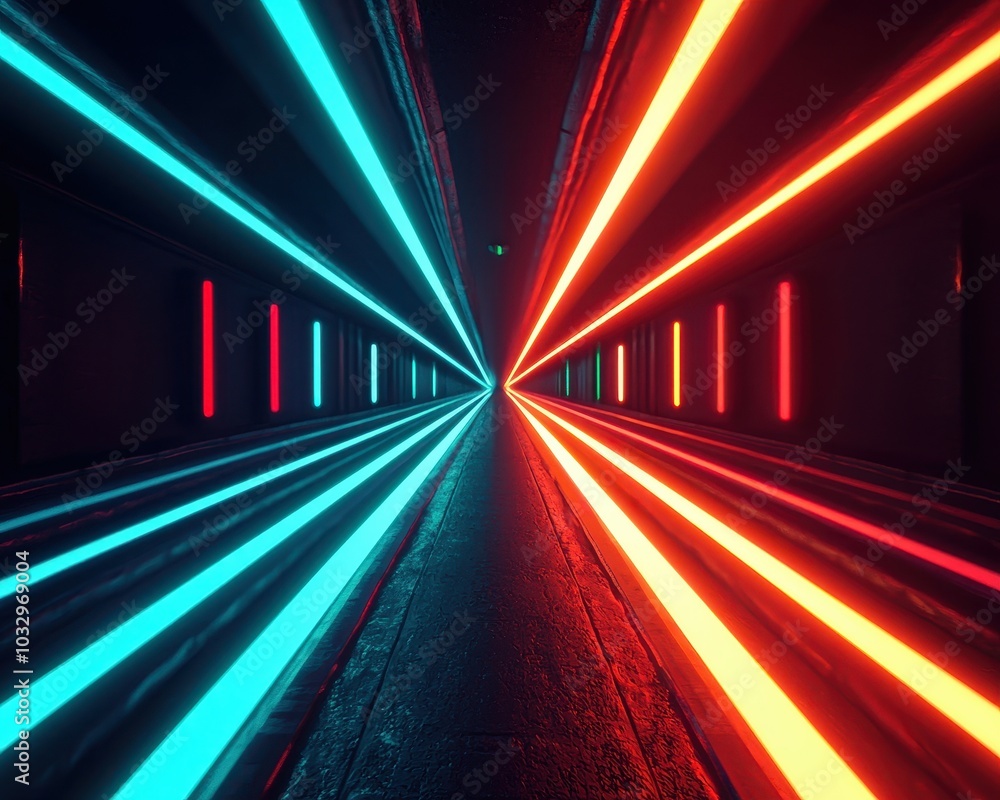 Poster a vibrant scene of a dark corridor illuminated with contrasting blue and red neon lights, creating a