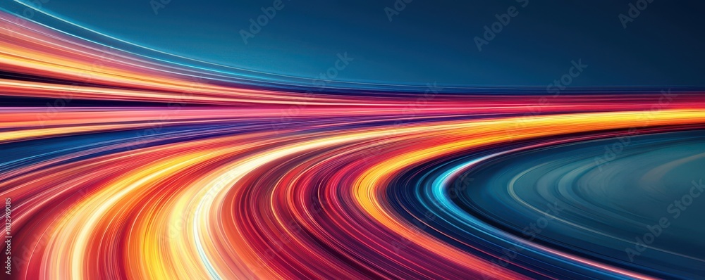 Poster a vibrant display of colorful light trails, creating a dynamic sense of motion against a dark blue b