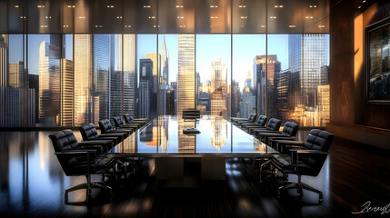 A modern conference room with a panoramic city view, designed for meetings and collaboration.