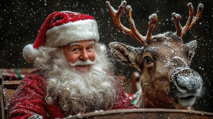 Santa Claus with reindeer in a snowy winter scene, festive mood and holiday spirit.