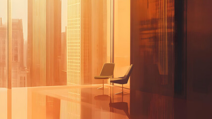 Fototapeta premium A serene interior with two chairs bathed in warm sunlight, reflecting a modern urban space.