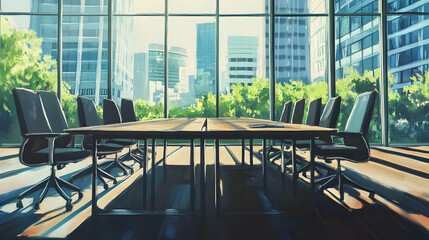 Fototapeta premium A modern conference room with a large table, surrounded by chairs and a city view.