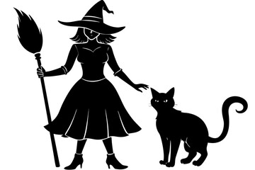 Beautiful witch with a broomstick and a cat. Vector black silhouette