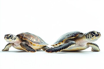 the beside view Sea Turtles, left side view, white copy space on right, Isolated on White Background