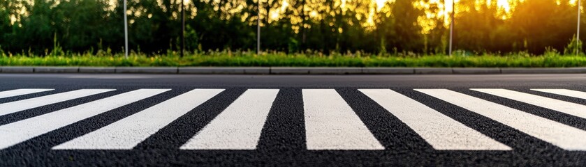 Obraz premium A low-angle view of a pedestrian crosswalk against a backdrop of greenery and the setting sun, highlighting urban infrastructure and nature.